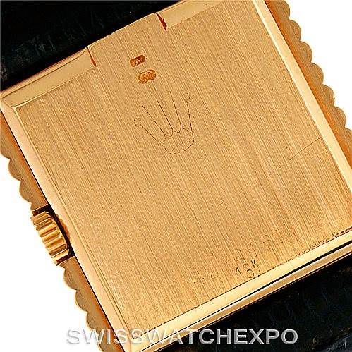 This image shows the back of a Rolex Cellini 4012 Men's Yellow Gold Blue Dial 4012 Men's Yellow Gold Blue Dial watch case, including the crown and a portion of the strap.