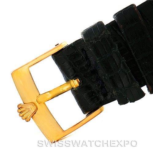 The image shows the buckle and part of the black leather strap of a Rolex Cellini 4012 Men's Yellow Gold Blue Dial 4012 Men's Yellow Gold Blue Dial watch.