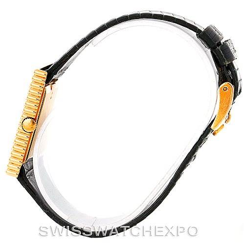 The image shows a side view of a Rolex Cellini 4012 Men's Yellow Gold Blue Dial 4012 Men's Yellow Gold Blue Dial model, highlighting the case, crown, and leather strap.