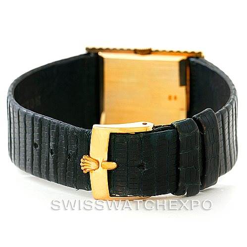 The image shows the back view of a Rolex Cellini 4012 Men's Yellow Gold Blue Dial 4012 Men's Yellow Gold Blue Dial watch, focusing on the leather strap and the gold buckle.