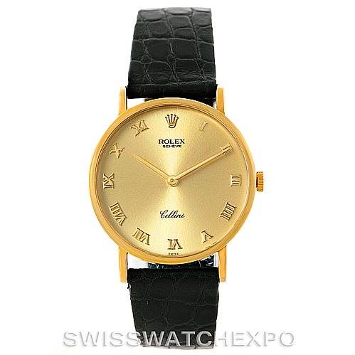 The image shows a front view of the Rolex Cellini 5112 Men
s Yellow Gold Champagne Dial 5112 Men
s Yellow Gold Champagne Dial watch, displaying the dial, case, and strap.