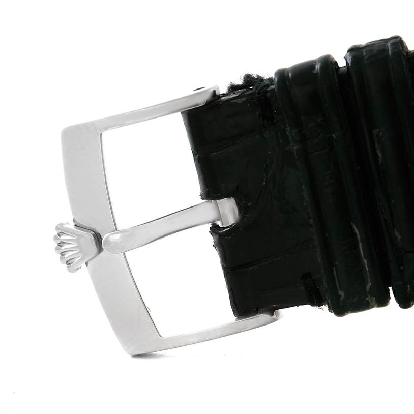 This image shows the buckle and part of the strap of a Rolex Cellini 4233 Men's White Gold Black Dial 4233 Men's White Gold Black Dial watch at a close-up angle.