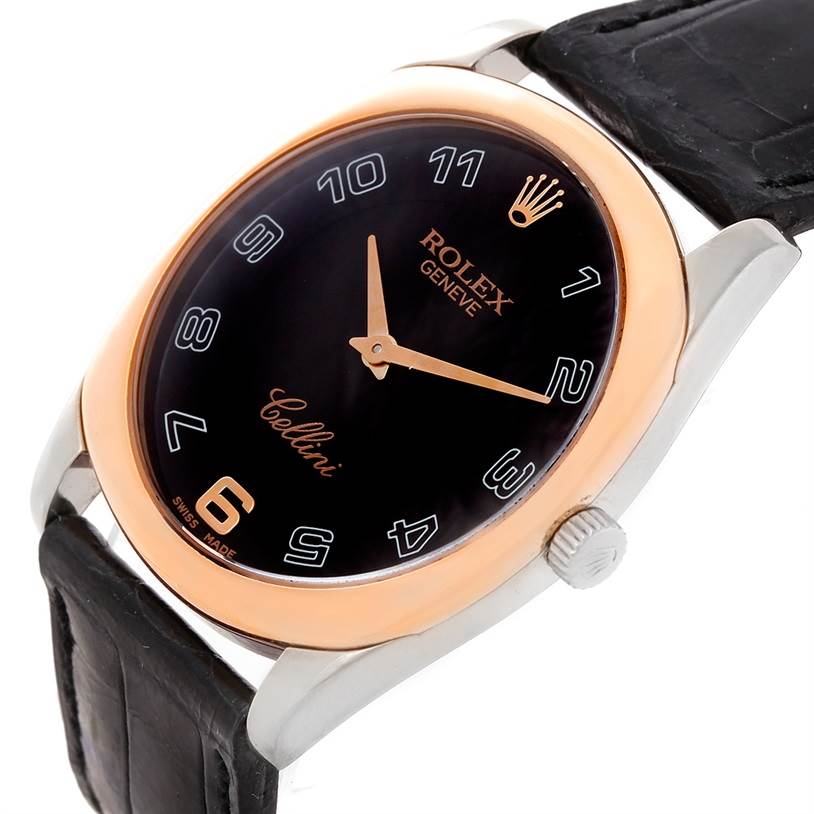 The Rolex Cellini 4233 Men's White Gold Black Dial 4233 Men's White Gold Black Dial watch is shown at a close angle, highlighting the dial, crown, and leather strap.