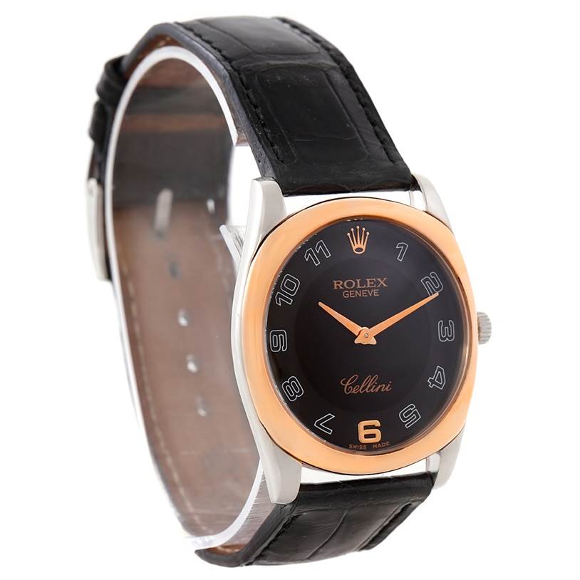 The image shows a Rolex Cellini 4233 Men's White Gold Black Dial 4233 Men's White Gold Black Dial watch viewed at a slight angle, displaying the dial, bezel, case, and leather strap.