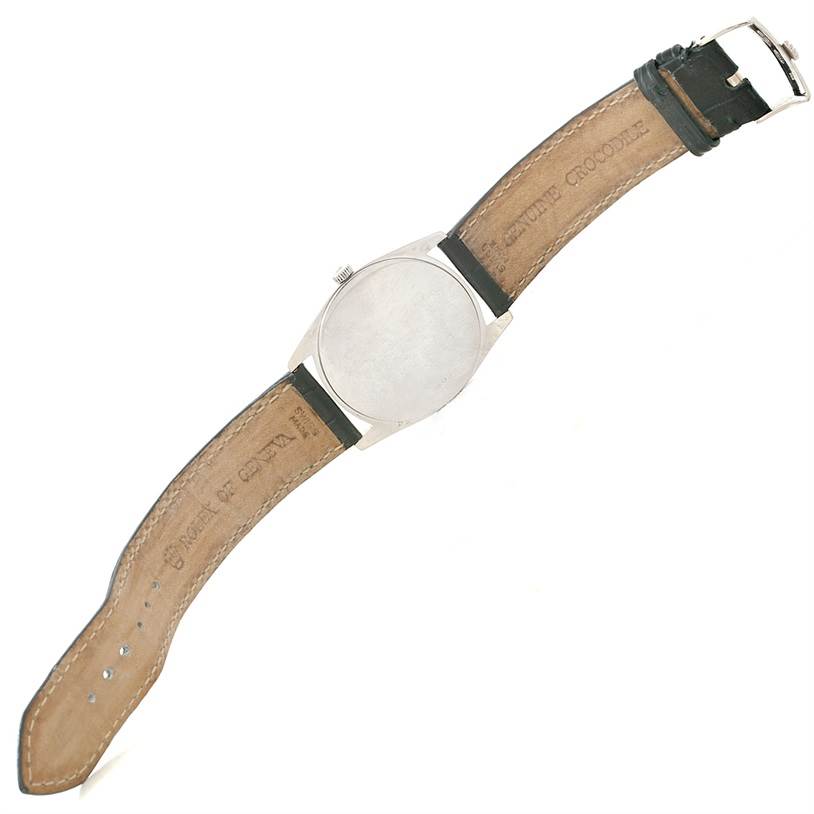 This image shows the back and strap of a Rolex Cellini 4233 Men's White Gold Black Dial 4233 Men's White Gold Black Dial watch, with a focus on the watch's underside and leather band.