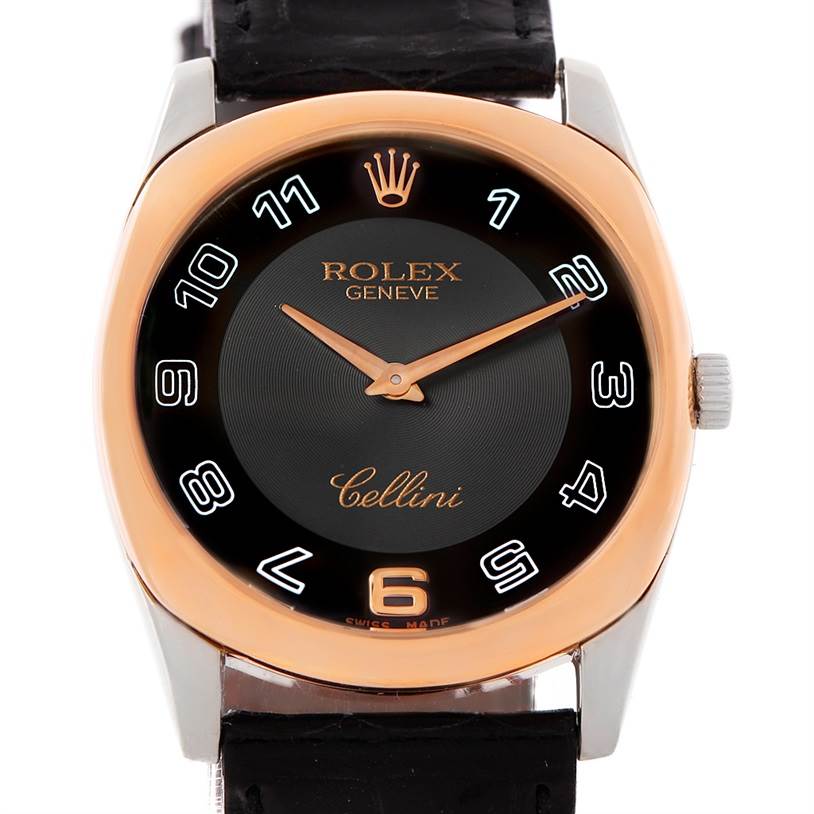 This image shows a front view of a Rolex Cellini 4233 Men's White Gold Black Dial 4233 Men's White Gold Black Dial watch, highlighting its black dial, gold hands, and black leather strap.