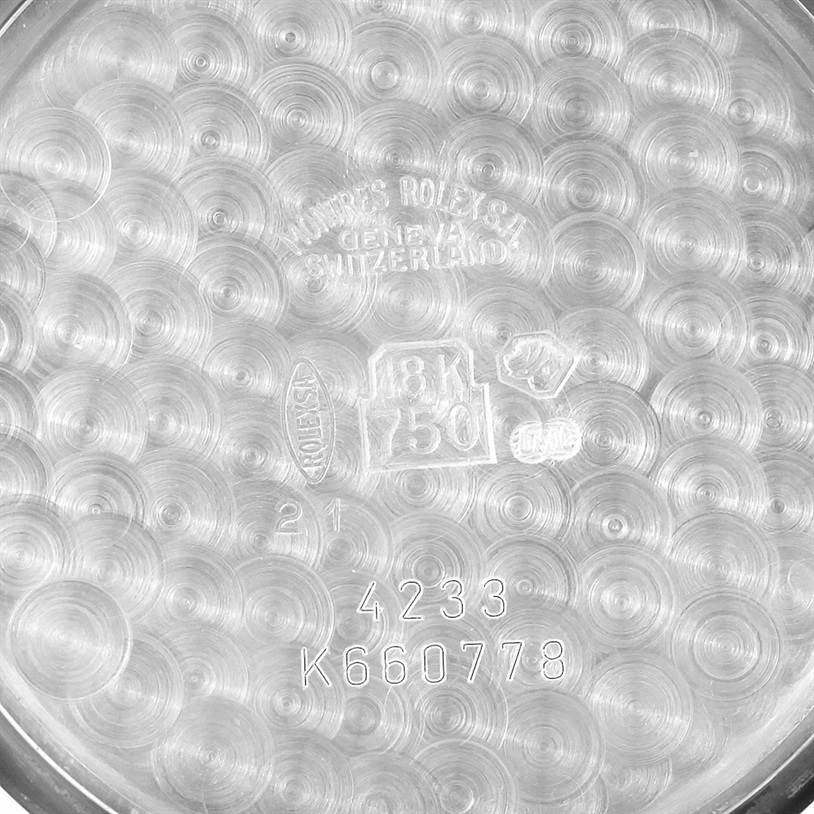 The image shows the inside case back of a Rolex Cellini 4233 Men's White Gold Black Dial 4233 Men's White Gold Black Dial watch, featuring model engravings and hallmarks.