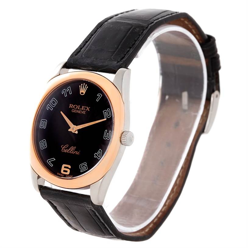 The image shows a Rolex Cellini 4233 Men's White Gold Black Dial 4233 Men's White Gold Black Dial watch at a slight angle, displaying its face, bezel, crown, and leather strap.