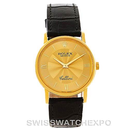 This is a front view of a Rolex Cellini 5115 Men
s Yellow Gold Champagne Dial 5115 Men
s Yellow Gold Champagne Dial watch, showcasing its gold dial, black leather strap, and Roman numeral markers.