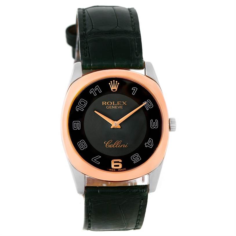 This is a front view of the Rolex Cellini 4233 Men
s White Gold Black Dial 4233 Men
s White Gold Black Dial watch, showcasing its dial, bezel, and leather strap.