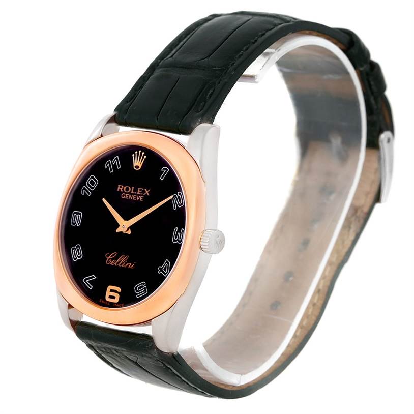 The image shows a side view of a Rolex Cellini 4233 Men
s White Gold Black Dial 4233 Men
s White Gold Black Dial watch, highlighting its face, bezel, crown, and leather strap.