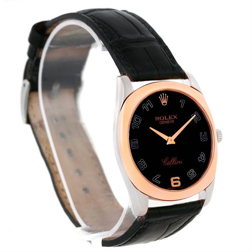 The image shows a front angle of a Rolex Cellini 4233 Men
s White Gold Black Dial 4233 Men
s White Gold Black Dial watch, focusing on its dial, bezel, and leather strap.