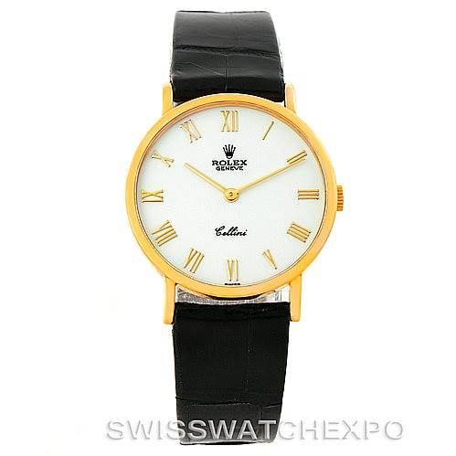 This Rolex Cellini 5112 Men's Yellow Gold White Dial 5112 Men's Yellow Gold White Dial watch is shown from a front view, highlighting its gold case, white dial with Roman numerals, and black leather strap.
