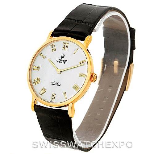 The image shows a Rolex Cellini 5112 Men's Yellow Gold White Dial 5112 Men's Yellow Gold White Dial watch at a slight angle, displaying its gold case, white dial, black leather strap, and Roman numeral markers.