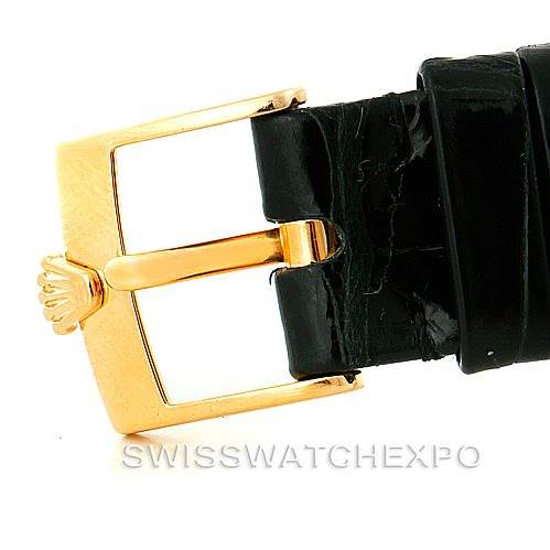 This image shows the buckle and strap end of a Rolex Cellini 5112 Men's Yellow Gold White Dial 5112 Men's Yellow Gold White Dial watch from a close-up angle.