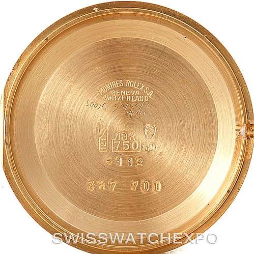 The image shows the inside case back of a Rolex Cellini 5112 Men's Yellow Gold White Dial 5112 Men's Yellow Gold White Dial watch, displaying engravings and specifications.