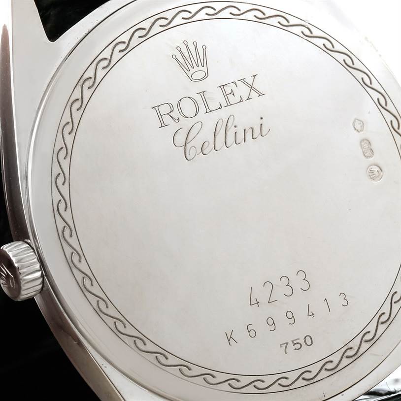 The image shows the back case of a Rolex Cellini 4233 Men's White Gold Black Dial 4233 Men's White Gold Black Dial watch, including the crown and engraved model details.