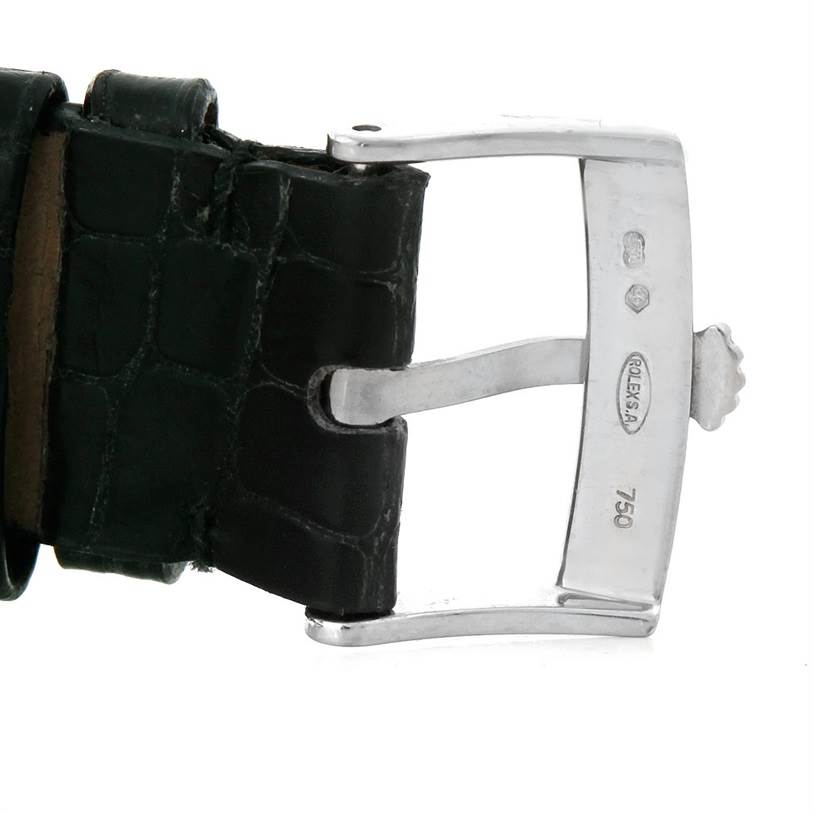 This image shows the buckle and strap of a Rolex Cellini 4233 Men's White Gold Black Dial 4233 Men's White Gold Black Dial watch from a close-up side angle.