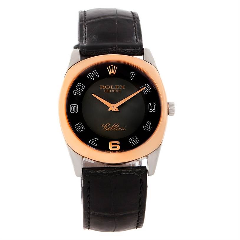 The image shows a front view of the Rolex Cellini 4233 Men's White Gold Black Dial 4233 Men's White Gold Black Dial watch, highlighting the dial, bezel, and leather strap.