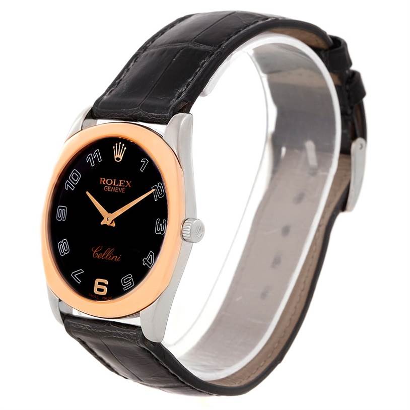 The image shows a side view of the Rolex Cellini 4233 Men's White Gold Black Dial 4233 Men's White Gold Black Dial watch, featuring its face, crown, and leather strap.