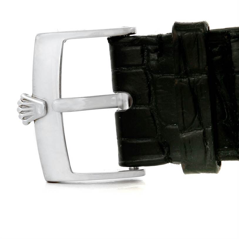 The image shows a close-up of the buckle and black leather strap of the Rolex Cellini 4233 Men's White Gold Black Dial 4233 Men's White Gold Black Dial watch.