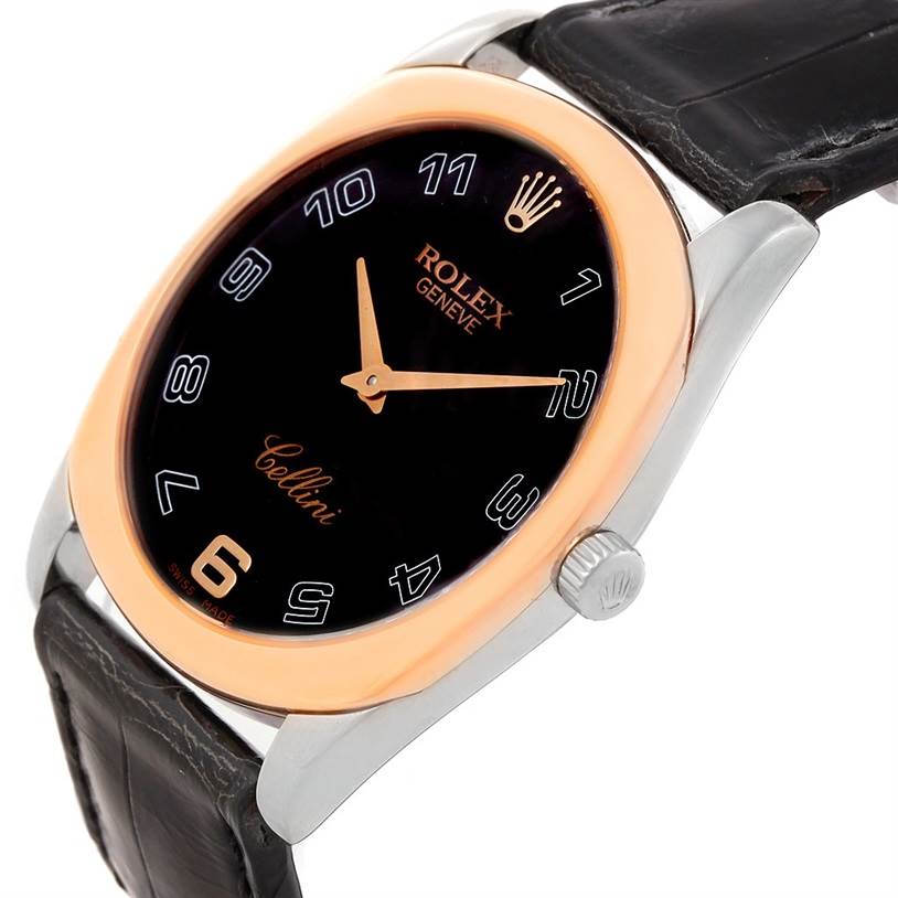 The image shows a side angle of the Rolex Cellini 4233 Men's White Gold Black Dial 4233 Men's White Gold Black Dial watch, highlighting the dial, case, crown, and leather strap.