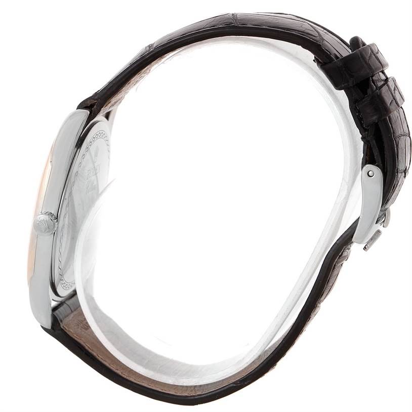 This image shows a side view of the Rolex Cellini 4233 Men's White Gold Black Dial 4233 Men's White Gold Black Dial model, highlighting its case, crown, and leather strap with buckle.