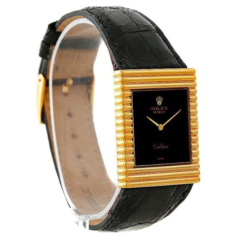 The image shows a Rolex Cellini 4012 Men's Yellow Gold Black Dial 4012 Men's Yellow Gold Black Dial watch from an angled front view, displaying its rectangular gold bezel, black dial, and black leather strap.