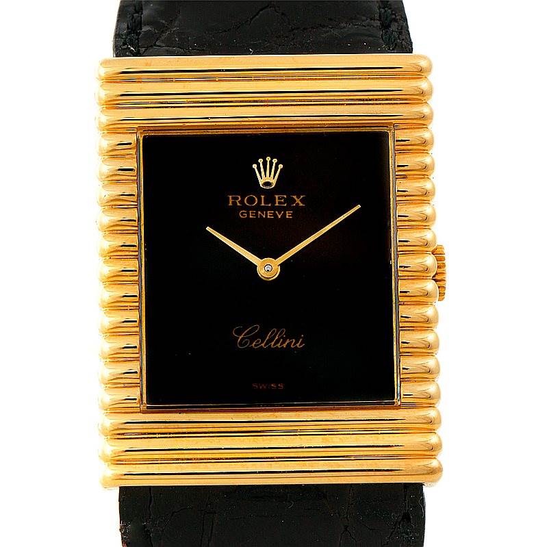 The image displays a frontal view of a Rolex Cellini 4012 Men's Yellow Gold Black Dial 4012 Men's Yellow Gold Black Dial watch featuring a gold rectangular case and black dial with gold hour and minute hands.