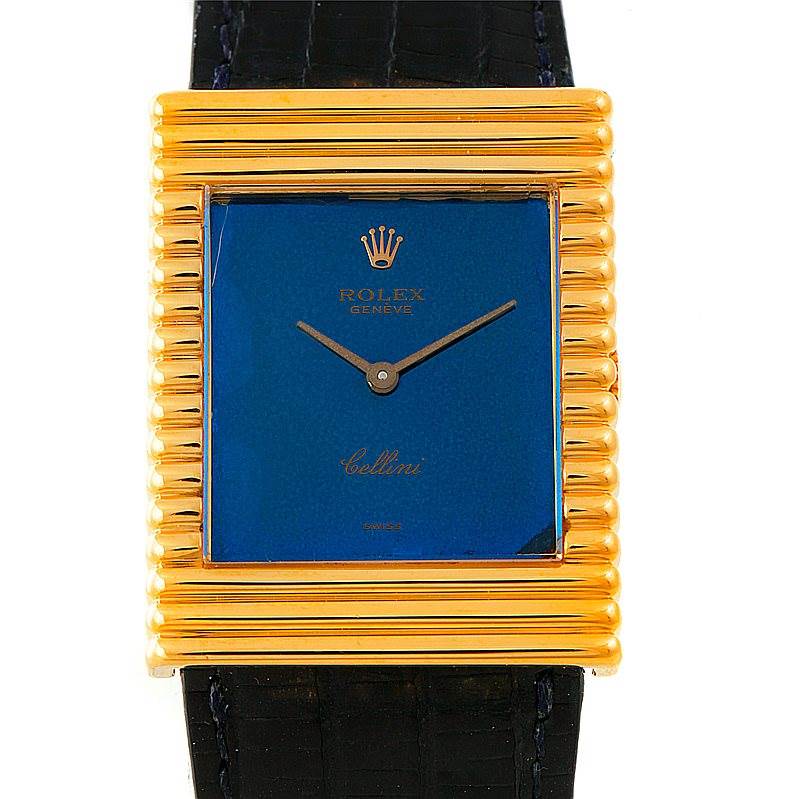 The image shows a front view of a Rolex Cellini 4012 Men's Yellow Gold Blue Dial 4012 Men's Yellow Gold Blue Dial watch, highlighting its blue dial, gold case, and black strap.