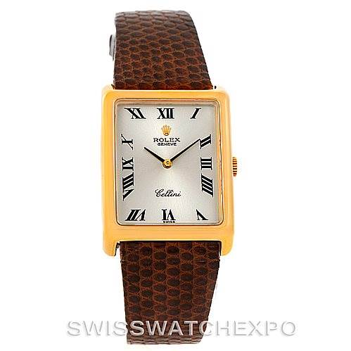 This image shows a front view of a Rolex Cellini 4105 Men's Yellow Gold Silver Dial 4105 Men's Yellow Gold Silver Dial watch, highlighting its square case, Roman numeral indices, and brown leather strap.