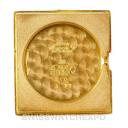 The image shows the interior case back of a Rolex Cellini 4105 Men's Yellow Gold Silver Dial 4105 Men's Yellow Gold Silver Dial watch, featuring its hallmark and material details.