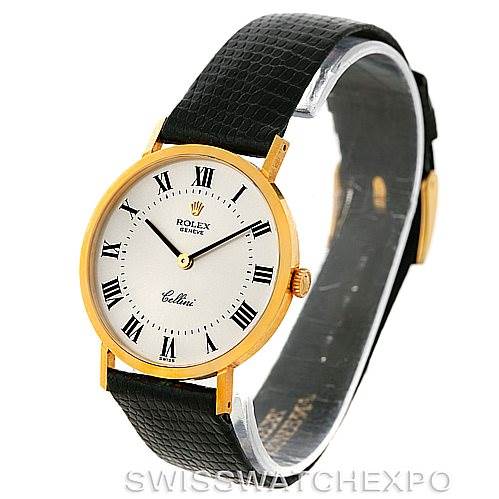 The image shows a Rolex Cellini 4112 Men's Yellow Gold Silver Dial 4112 Men's Yellow Gold Silver Dial watch at a slight angle, displaying its round dial with Roman numerals, gold case, and black leather strap.