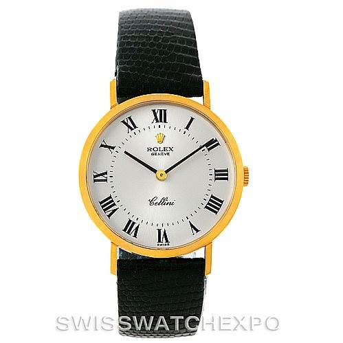 The image shows a front view of a Rolex Cellini 4112 Men's Yellow Gold Silver Dial 4112 Men's Yellow Gold Silver Dial watch, displaying its black leather strap, gold case, and white dial with Roman numerals.