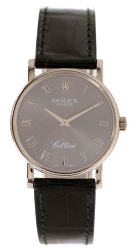 The image shows a front view of the Rolex Cellini 5115/9 Men
s White Gold Grey Dial 5115/9 Men
s White Gold Grey Dial watch, displaying the face, dial, case, and leather strap.