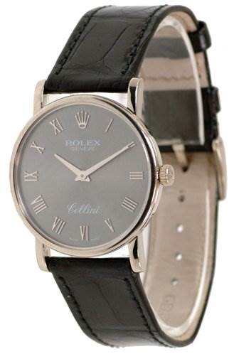 This Rolex Cellini 5115/9 Men
s White Gold Grey Dial 5115/9 Men
s White Gold Grey Dial watch is shown at a three-quarter angle displaying the face, crown, and leather strap.