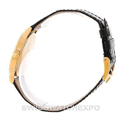 The image shows a side view of the Rolex Cellini 5115 Men's Yellow Gold Beige Dial 5115 Men's Yellow Gold Beige Dial watch, highlighting the gold case and black leather strap.