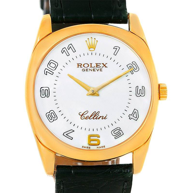 The image shows a front view of a Rolex Cellini 4233 Men's Yellow Gold White Dial 4233 Men's Yellow Gold White Dial watch, featuring its dial, case, crown, and part of the strap.