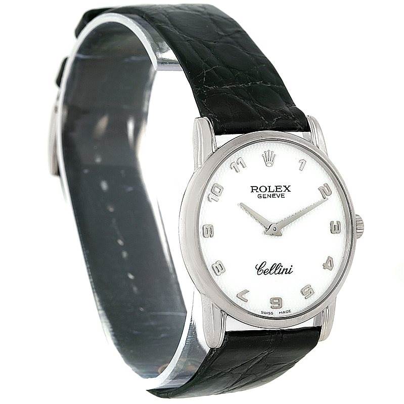 This image shows a front angle of the Rolex Cellini 5116 Men's White Gold Mother of Pearl Dial 5116 Men's White Gold Mother of Pearl Dial watch displaying its face and black leather strap.
