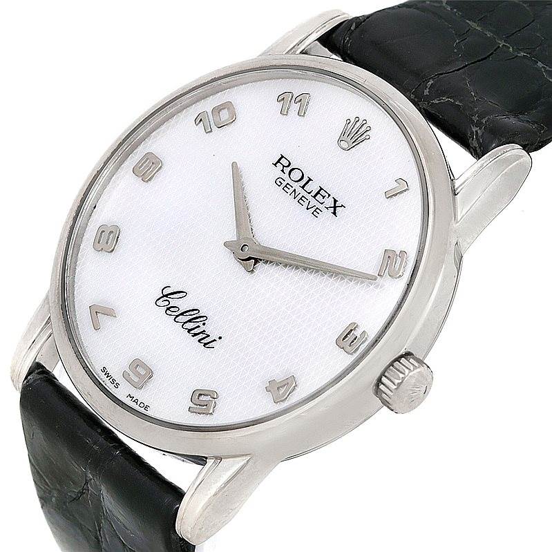 The image shows a close-up of a Rolex Cellini 5116 Men's White Gold Mother of Pearl Dial 5116 Men's White Gold Mother of Pearl Dial watch angled from the right, highlighting the face, crown, and leather strap.