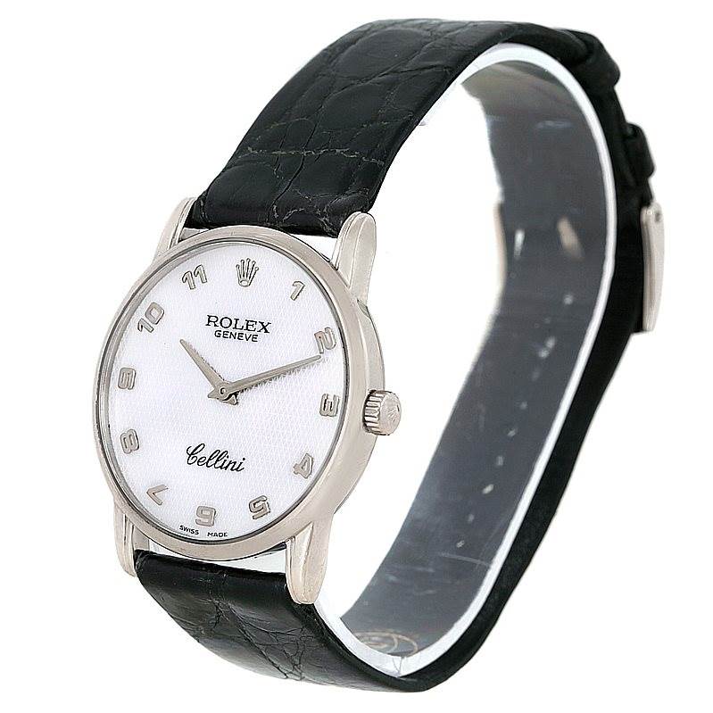 The image shows a Rolex Cellini 5116 Men's White Gold Mother of Pearl Dial 5116 Men's White Gold Mother of Pearl Dial watch at a three-quarter angle, highlighting its face, bezel, crown, and leather strap.