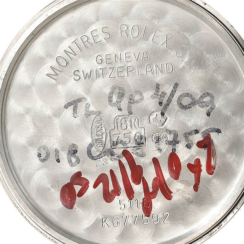 This image shows the inner case back of a Rolex Cellini 5116 Men's White Gold Mother of Pearl Dial 5116 Men's White Gold Mother of Pearl Dial watch, displaying model and manufacturer details.