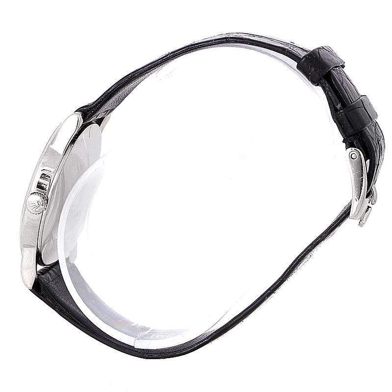 The image shows a side angle of a Rolex Cellini 5116 Men's White Gold Mother of Pearl Dial 5116 Men's White Gold Mother of Pearl Dial watch, highlighting the case, crown, and leather strap.