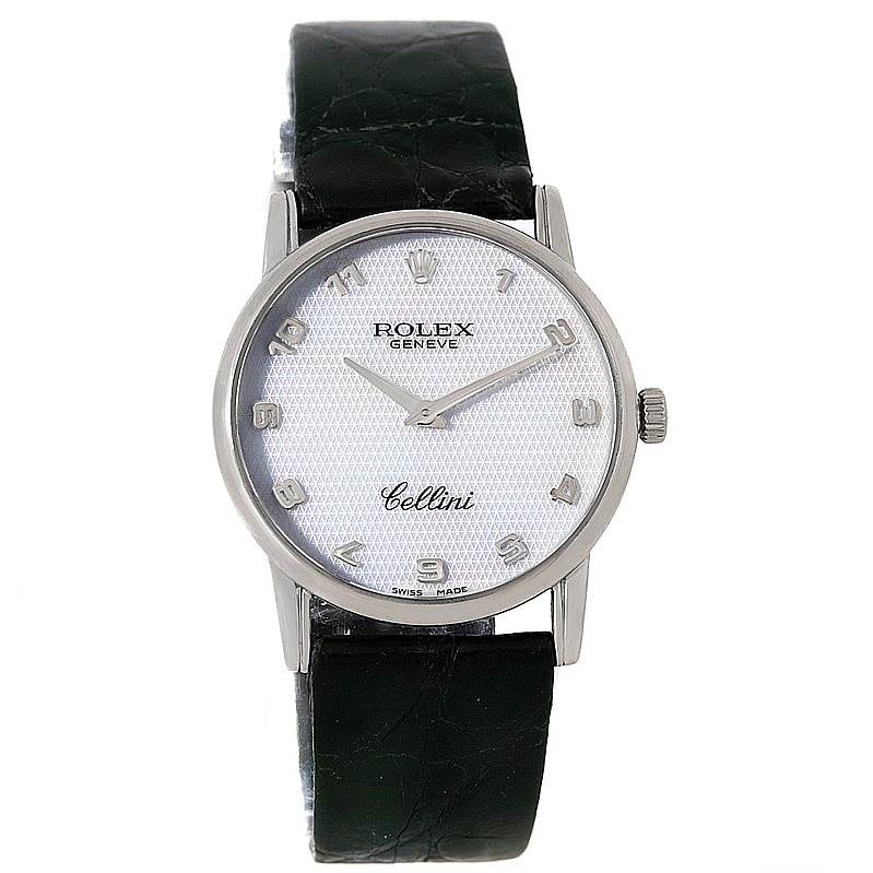 The image shows a front view of the Rolex Cellini 5116 Men's White Gold Mother of Pearl Dial 5116 Men's White Gold Mother of Pearl Dial watch, including its face, dial, hands, bezel, and leather strap.