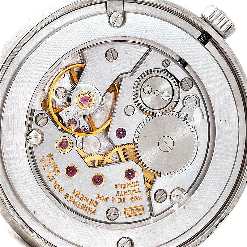This image shows the inner mechanism and gears of a Rolex Cellini 5116 Men's White Gold Mother of Pearl Dial 5116 Men's White Gold Mother of Pearl Dial model watch from a top-down angle.