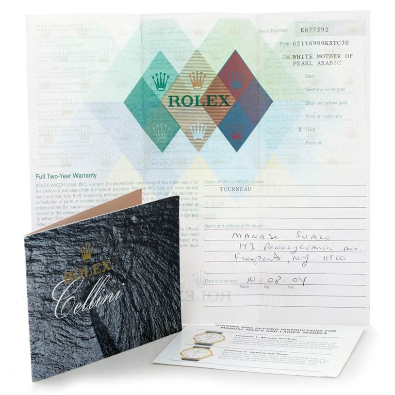 The image shows the warranty card and booklet for a Rolex Cellini 5116 Men's White Gold Mother of Pearl Dial 5116 Men's White Gold Mother of Pearl Dial watch.