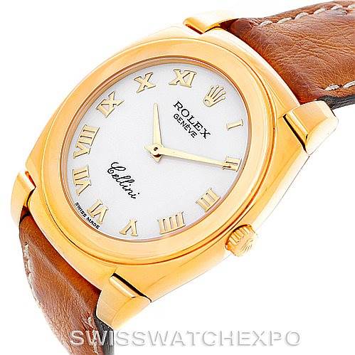 The image shows a Rolex Cellini 5330 Men's Yellow Gold White Dial 5330 Men's Yellow Gold White Dial watch at an angled top view, highlighting its gold case, leather strap, and white dial with Roman numerals.