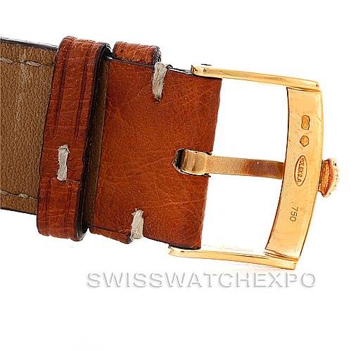 The image shows a close-up of the leather strap and gold buckle of a Rolex Cellini 5330 Men's Yellow Gold White Dial 5330 Men's Yellow Gold White Dial watch.