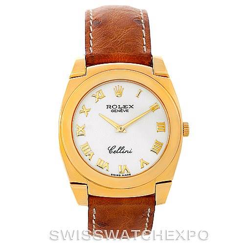 The image shows a front view of a Rolex Cellini 5330 Men's Yellow Gold White Dial 5330 Men's Yellow Gold White Dial watch with a gold case, brown leather strap, and Roman numerals on the dial.