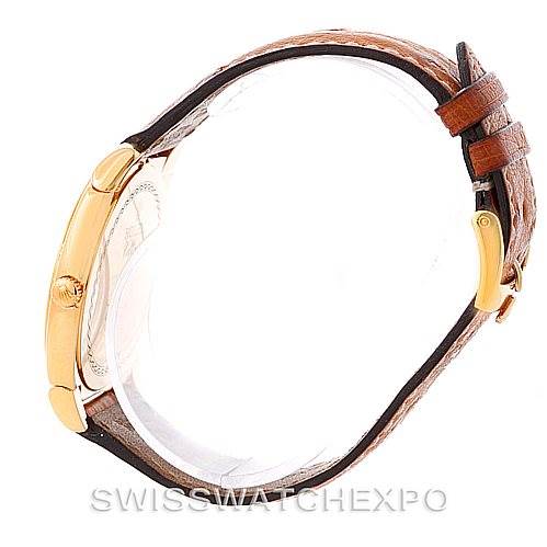 This image shows a side profile of the Rolex Cellini 5330 Men's Yellow Gold White Dial 5330 Men's Yellow Gold White Dial watch, highlighting the case, crown, and leather strap.